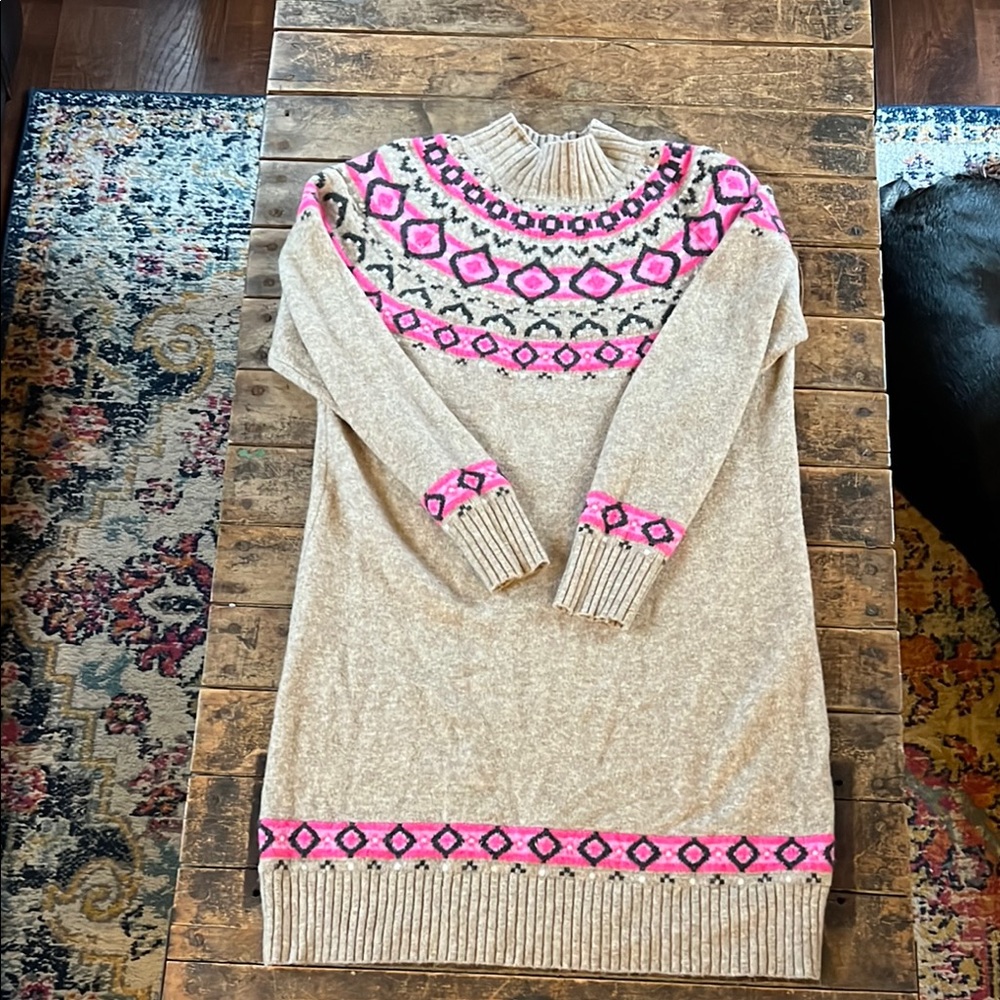 LOFT Beige and Pink Patterned Sweater Dress